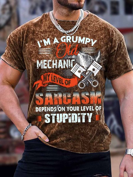 

Men's I Am A Grumpy Old Mechanic My Level Of Sarcasm Depends On Your Level Of Stupidity Funny Graphic Print Crew Neck Text Letters Loose Casual T-Shirt, Brown, T-shirts