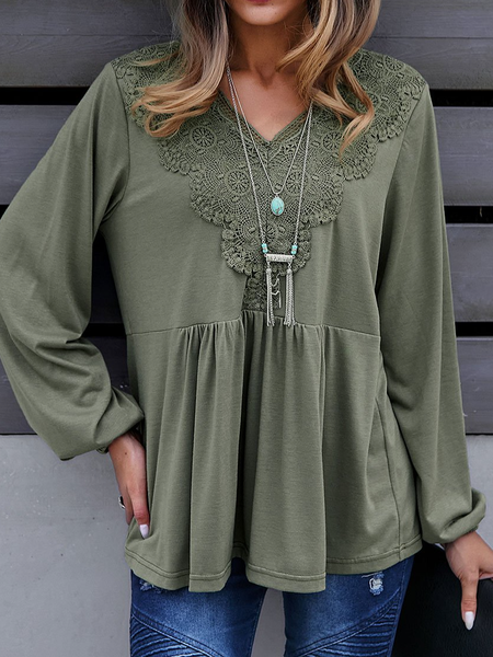 

Lace Plain Casual Regular Fit Top, Green, Tunics