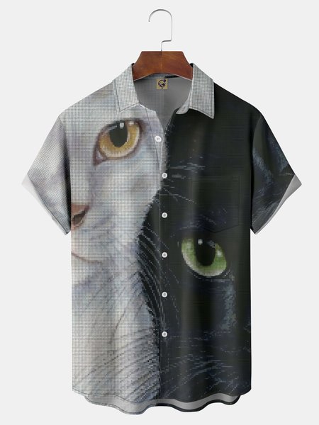 Cat Illustration Chest Pocket Short Sleeve Casual Shirt, Black, Short Sleeve Shirts