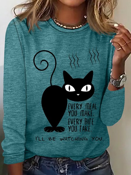 

Women’s Black Cat Every Meal You Make Every Bite You Take I'll Be Watching You Long Sleeve Top, Green, Long sleeves