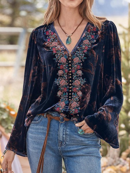 

Ethnic Floral V Neck Regular Fit Top, Deep blue, Tops