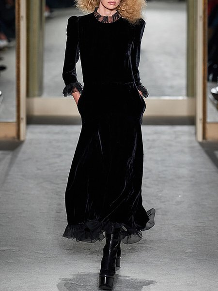 

Long sleeve Crew Neck Elegant Plain Dress, Black, Maxi Dresses