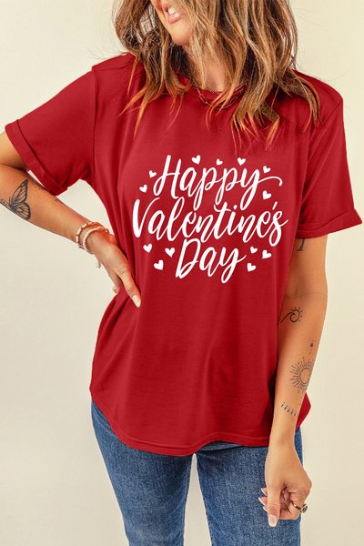 

Loose Valentine's Day Crew Neck Casual T-Shirt, Red, Tees & T-shirts
