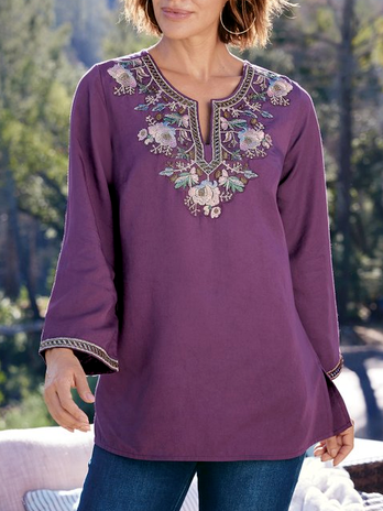 

Cotton-Blend Casual Floral Top, Purple, Tops
