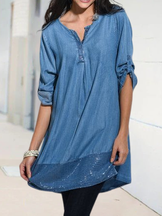 

Denim Glitter Regular Fit Casual Dress, Blue, Dresses