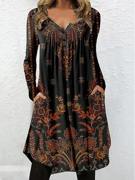 

V Neck Casual Floral Dress, Black, Dresses