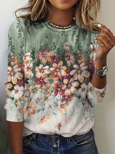 

Casual Crew Neck Floral Print Long Sleeve T-Shirt, Multicolor, T-shirts