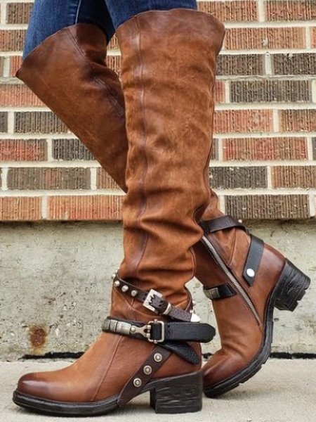 

Vintage Rivet Buckle Zipper Chunky Heel Boots, Brown, Boots