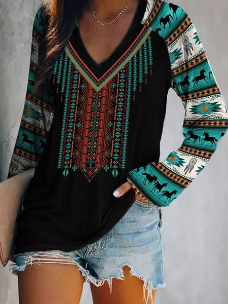 

Ethnic Raglan Sleeve V Neck Vintage Loose T-Shirt, Multicolor, Tops