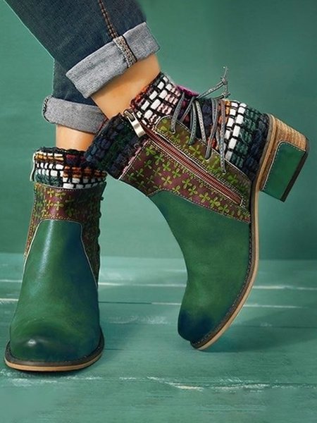 

Retro Ethnic Style Stitching Pointed Toe Chunky Heel Boots, Dark green, Boots