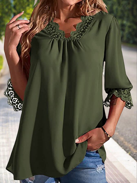 

Regular Fit Cotton-Blend Casual Lace Top, Green, Tops