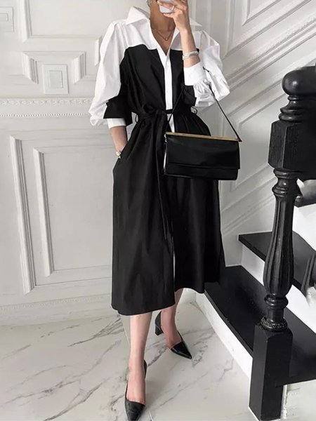 

Color Block Long sleeve Elegant Regular Fit Dress, Black, Midi Dresses