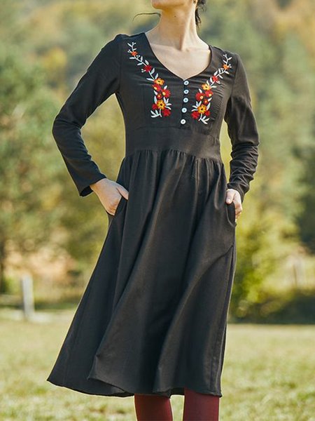 

Floral V Neck Buttoned Vacation Dress, Black, Dresses