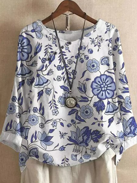 

Ethnic Regular Fit Floral Crew Neck Top, Blue, Blouses & Shirts