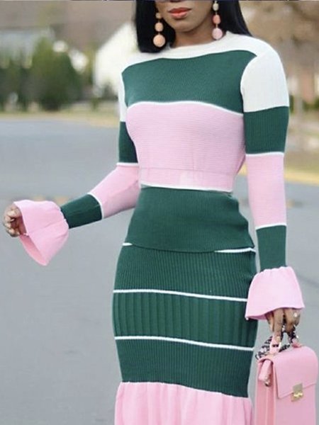 

Crew Neck Elegant Long sleeve Striped Sweater, Green, Pullovers