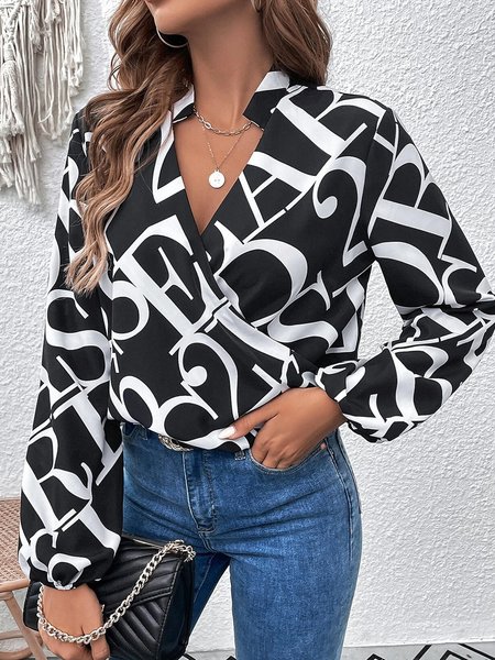 

Long sleeve V Neck Urban Text Letters Blouse, Black, Blouses and Shirts