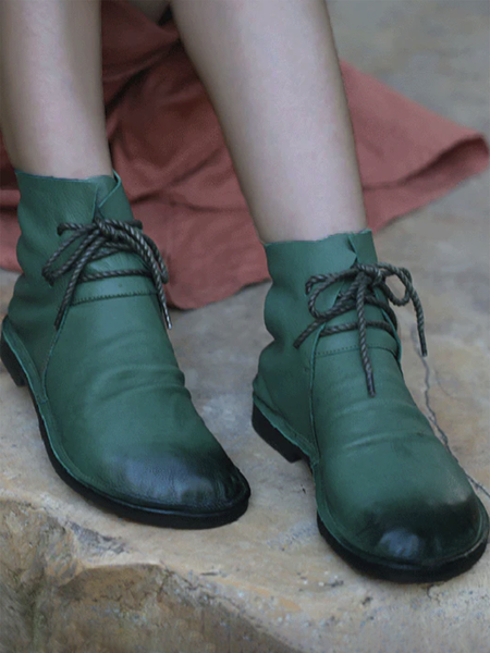 

Antique Rubbed Soft Leather Lace-Up Booties, Green, Boots