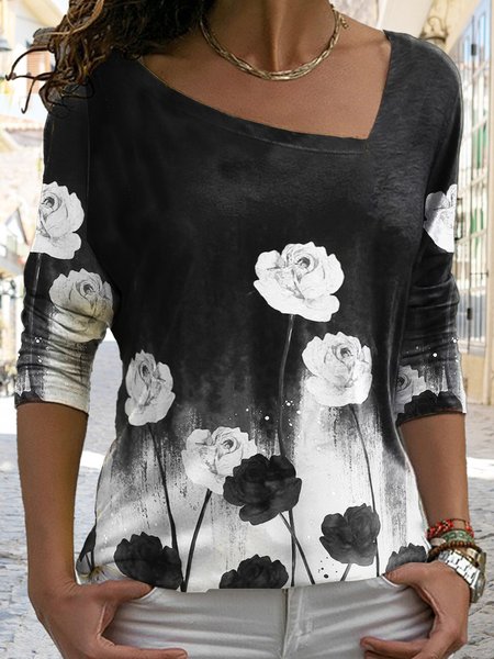 

Casual Regular Fit Floral Square Neck T-Shirt, Deep gray, T-Shirts