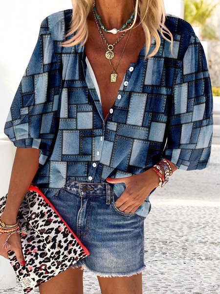 

Casual Plaid Cotton-Blend Shirt Collar Blouse, Denim blue, Shirts & Blouses