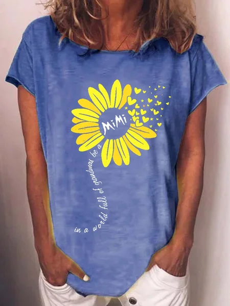 

Womens Mimi Grandma Flower Print Letters Casual Crew Neck T-Shirt, Blue, T-shirts
