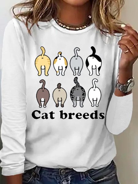 

Women's Cat Breeds Print Casual Crew Neck Top, White, Long sleeves