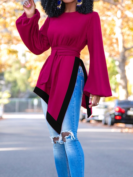 

Regular Fit Urban Crew Neck Color Block Long sleeve Blouse, Red-black, Blouses and Shirts
