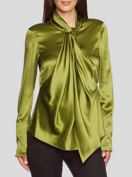 

Elegant Satin Plain Long Sleeve Blouse, Green, Blouses and Shirts