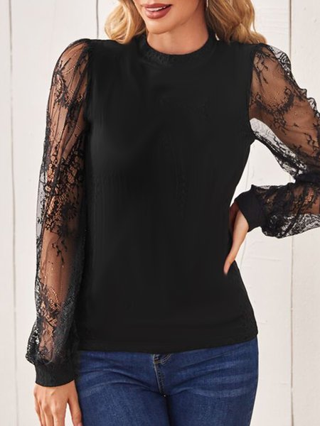 

Crew Neck Elegant Lace Regular Fit Top, Black, Tops