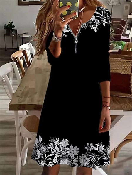 

Loose Floral Casual Zipper V Neck Dress, Black, Dresses