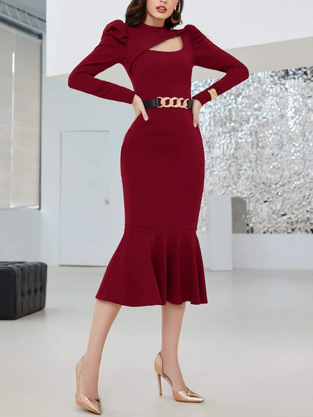 

Cut Out Gigot Sleeve Mermaid Hem Bodycon Dress Without Belt, Red, Midi Dresses