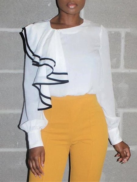 

Color Block Crew Neck Regular Fit Elegant Blouse, White, Blouses and Shirts