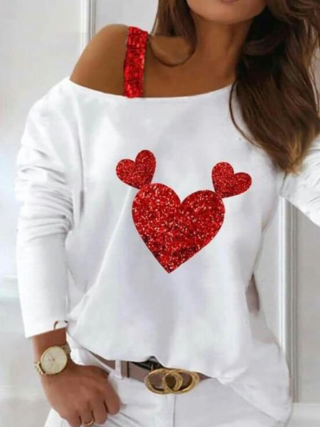 

Loose Casual One Shoulder Heart/Cordate T-Shirt, White, Tops