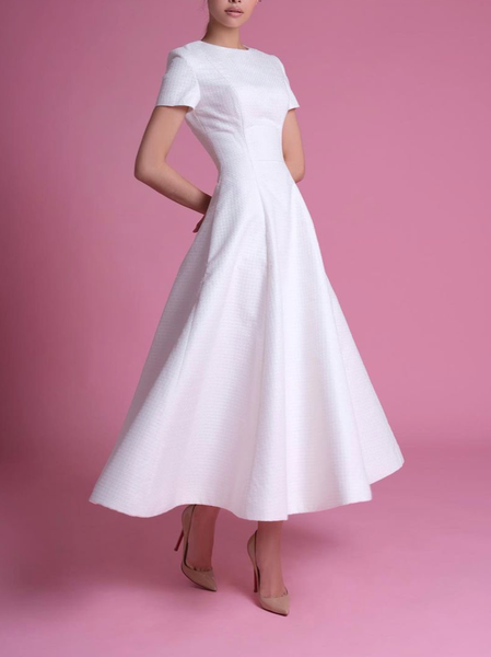 

Crew Neck Elegant Dress & Party Dress, White, Midi Dresses