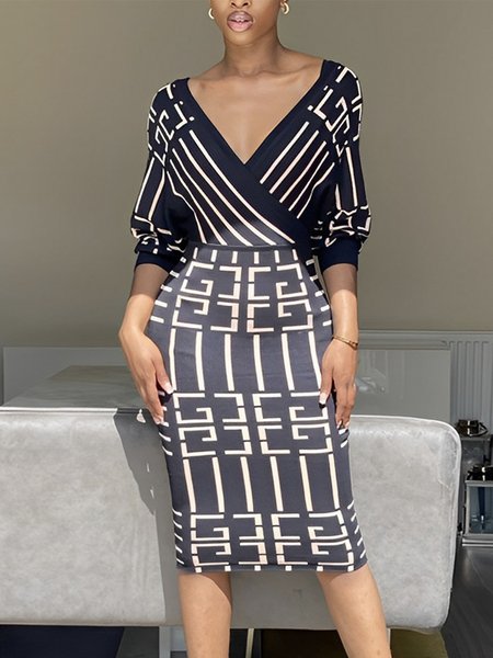 

Geometric Regular Fit Elegant Long Sleeve Midi Dress, Purplish blue, Midi Dresses