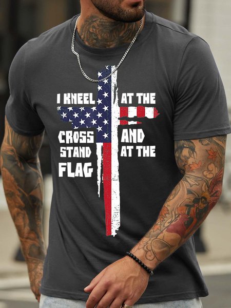 

Men’s I Kneel At The Cross And Stand At The Flag Casual Text Letters T-Shirt, Deep gray, T-shirts