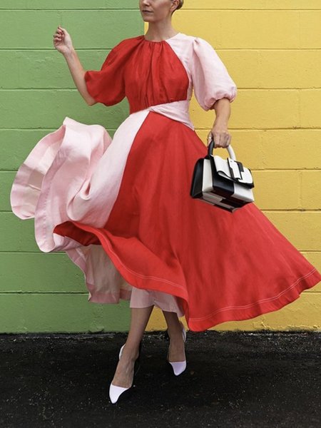 

Color Block Crew Neck Elegant Regular Fit Dress, Red, Maxi Dresses