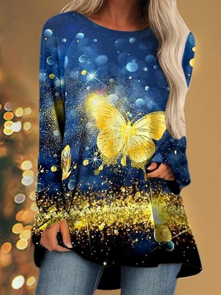 

Butterfly Crew Neck Casual T-Shirt, Blue, T-Shirts