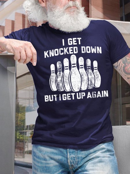 

Men's I Get Knocked Down But I Get Up Again Funny Bowling Graphic Print Crew Neck Cotton Casual Text Letters T-Shirt, Purplish blue, T-shirts