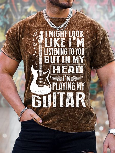 

Men's I Might Look Like I Am Listening To You But In My Head I Am Playing My Guitar Funny Print Casual Text Letters Crew Neck T-Shirt, Brown, T-shirts