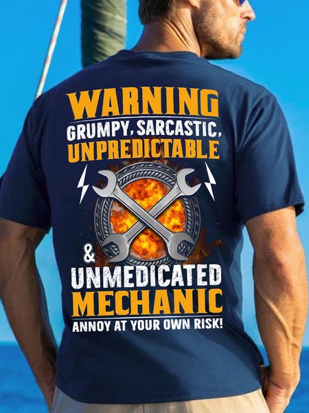 

Men's Warning Grump Sarcastic Unpredictable Unmedicated Mechanic Annoy At Your Own Risk Funny Graphic Print Crew Neck Casual Cotton Loose T-Shirt, Purplish blue, T-shirts