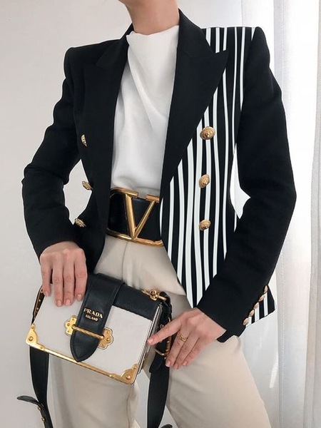 

Loose Lapel Collar Long sleeve Striped Urban Blazer, Black, Blazers