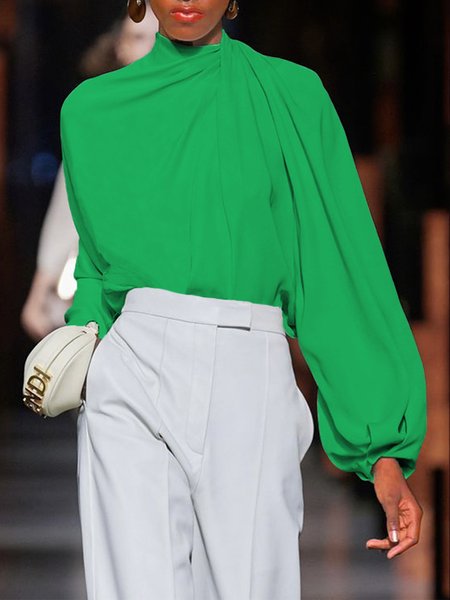 

Regular Fit Elegant Plain Long Sleeve Blouse, Green, Blouses and Shirts