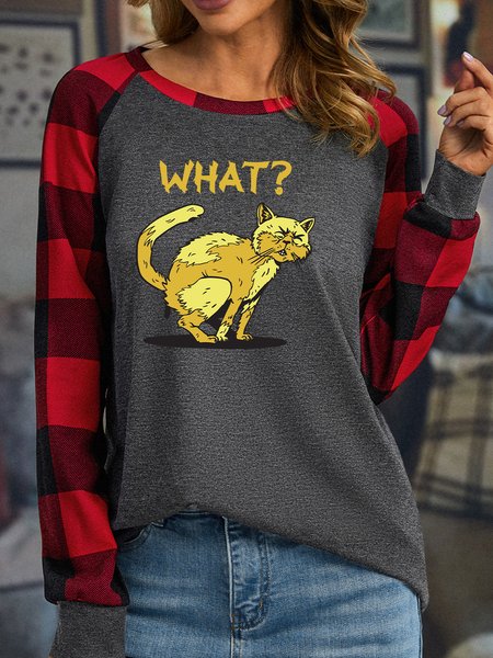 Lilicloth X Jessanjony Funny Cat Pooping What Women's Long Sleeve Buffalo Plaid T-Shirt, Gray, Long sleeves