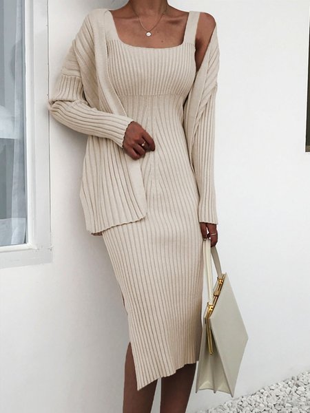 

Elegant Square Neck Plain Sweater Dress, Apricot, Midi Dresses