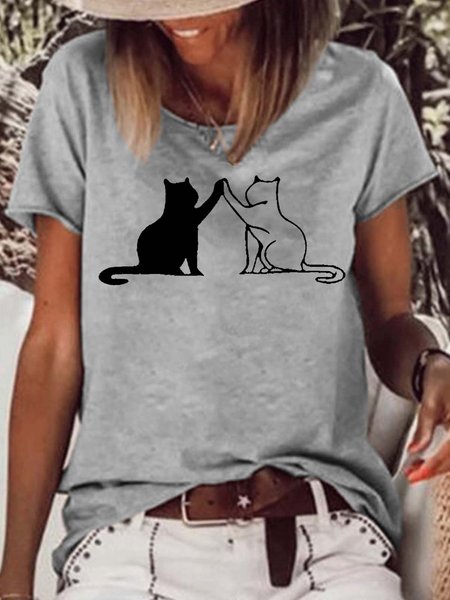 

Women's Cute Cat Casual T-Shirt, Gray, T-shirts
