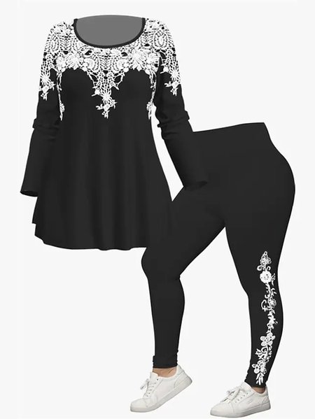 

Loose Casual Crew Neck Two-Piece Set, Black, Suit Set