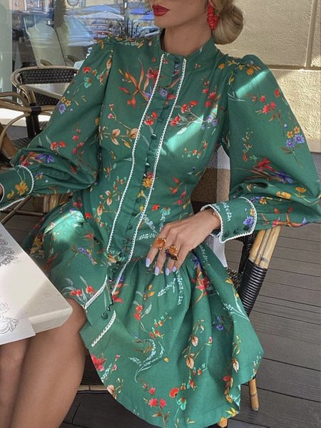 

Long sleeve Regular Fit Floral Elegant Stand Collar Dress, Green, Mini Dresses