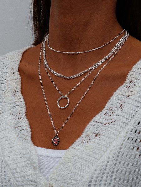 

Boho Small Gem Chain Layer Necklace Resort Beach Jewelry, Silver, Necklaces