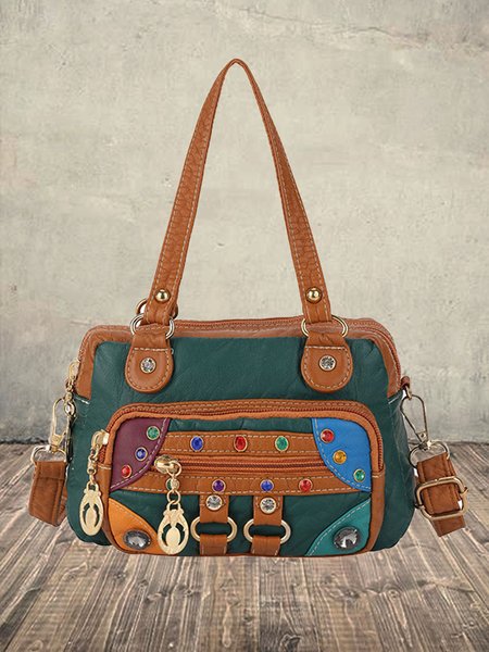 

Retro Ethnic Style Mosaic Rhinestone Zipper Messenger Bag, Dark green, Women's Bags