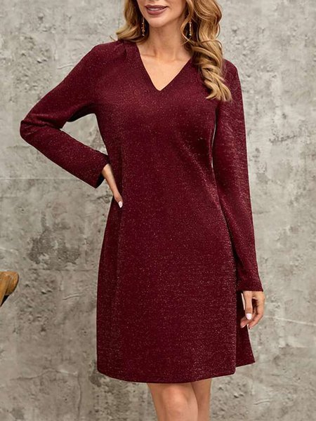 

Loose V Neck Urban Plain Dress, Red, Mini Dresses